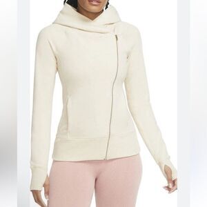 Nike Yoga Women Ivory Beige Asymmetrical Hooded Long Jacket Large Stretch Cotton